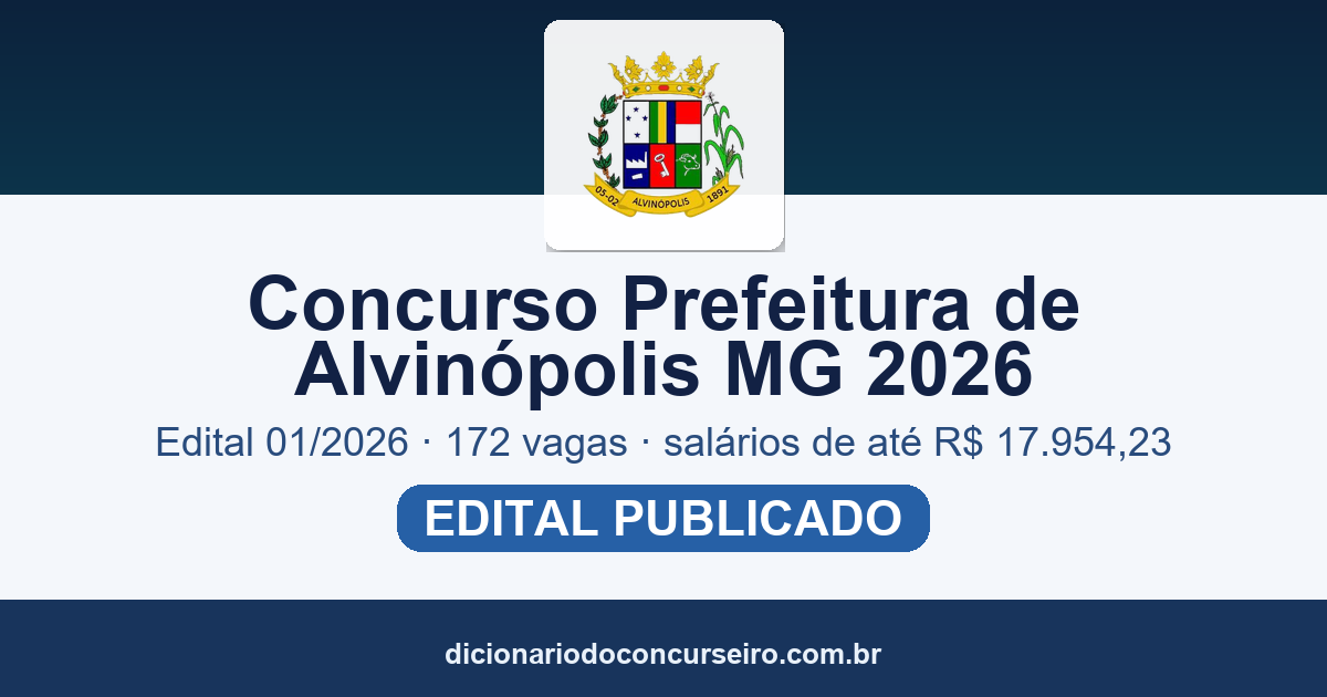 Concurso Prefeitura de Alvinópolis MG 2026: edital 01/2026 com 172 vagas e salários de até R$ 17.954,23