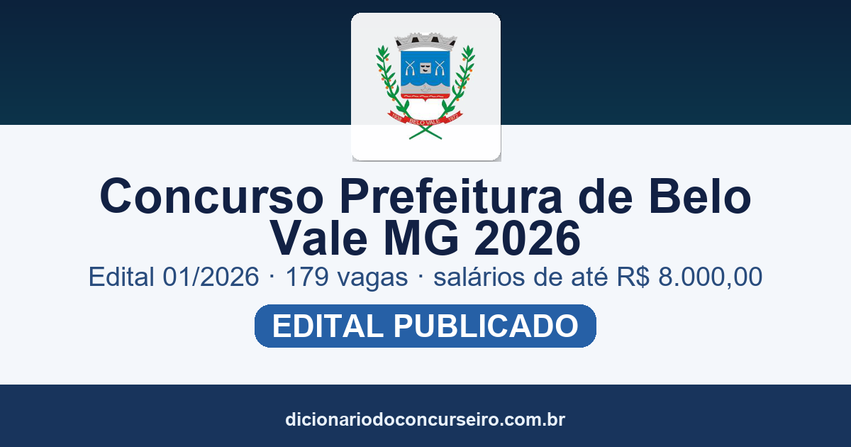 Concurso Prefeitura de Belo Vale MG 2026: edital 01/2026 com 179 vagas e salários de até R$ 8.000,00