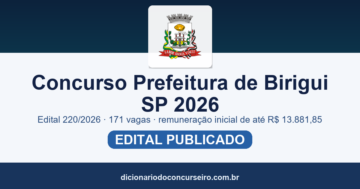Concurso Prefeitura de Birigui SP 2026: edital 220/2026 com 171 vagas e remuneração inicial de até R$ 13.881,85