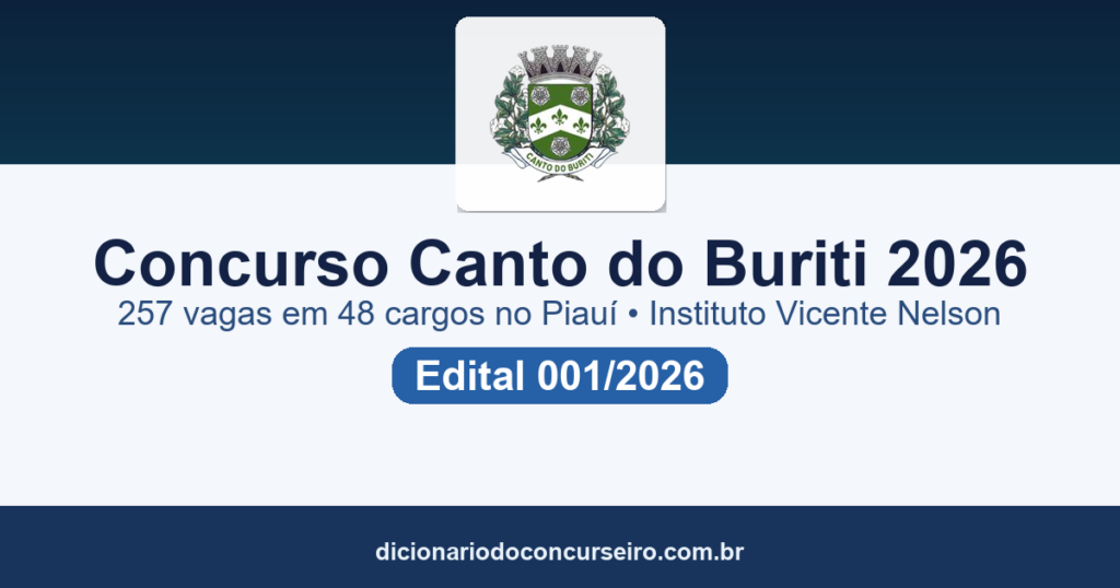 Concurso Prefeitura de Canto do Buriti PI 2026: edital 001/2026 publicado com 257 vagas e salários de até R$ 16.210,00