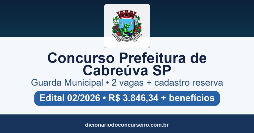 Concurso Prefeitura de Cabreúva SP 2026: edital 02/2026 publicado com 2 vagas para Guarda Municipal