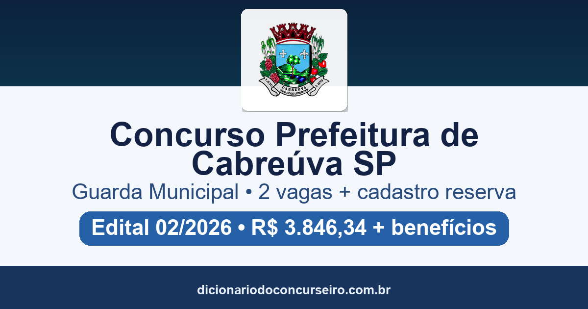 Concurso Prefeitura de Cabreúva SP 2026: edital 02/2026 publicado com 2 vagas para Guarda Municipal