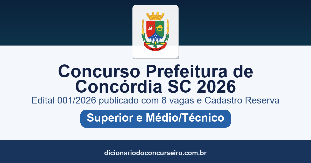 Concurso Prefeitura de Concórdia SC 2026: edital 001/2026 publicado com 8 vagas e cadastro reserva
