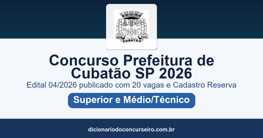 Concurso Prefeitura de Cubatão SP 2026: edital 04/2026 publicado com 20 vagas e cadastro reserva