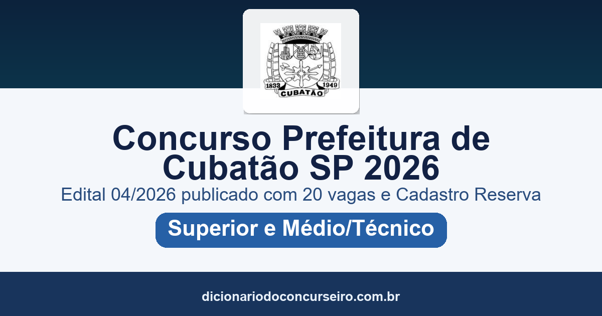 Concurso Prefeitura de Cubatão SP 2026: edital 04/2026 publicado com 20 vagas e cadastro reserva
