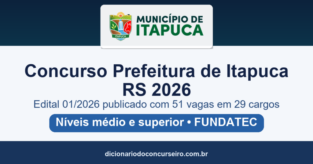 Concurso Prefeitura de Itapuca RS 2026: edital 01/2026 publicado com 51 vagas em 29 cargos