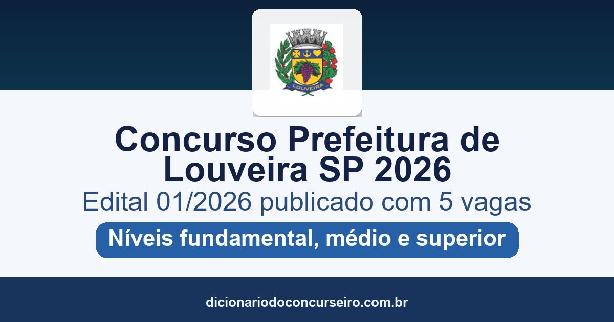 Concurso Prefeitura de Louveira SP 2026: edital 01/2026 publicado com 5 vagas