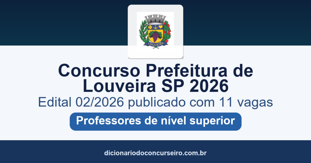 Concurso Prefeitura de Louveira SP 2026: edital 02/2026 publicado com 11 vagas