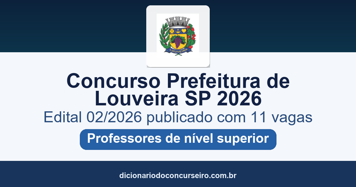 Concurso Prefeitura de Louveira SP 2026: edital 02/2026 publicado com 11 vagas