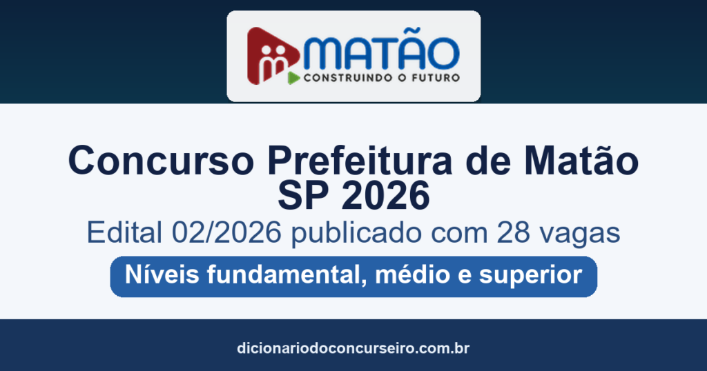 Concurso Prefeitura de Matão SP 2026: edital 02/2026 publicado com 28 vagas e salários até R$ 9.717,96