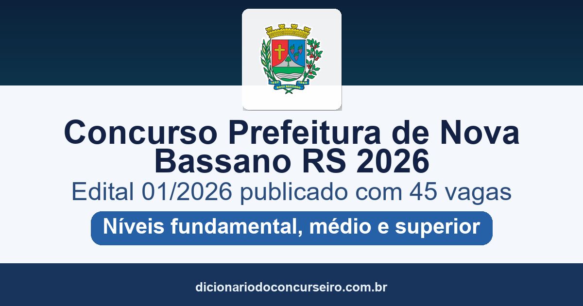 Concurso Prefeitura de Nova Bassano RS 2026: edital 01/2026 publicado com 45 vagas e salários até R$ 5.933,70