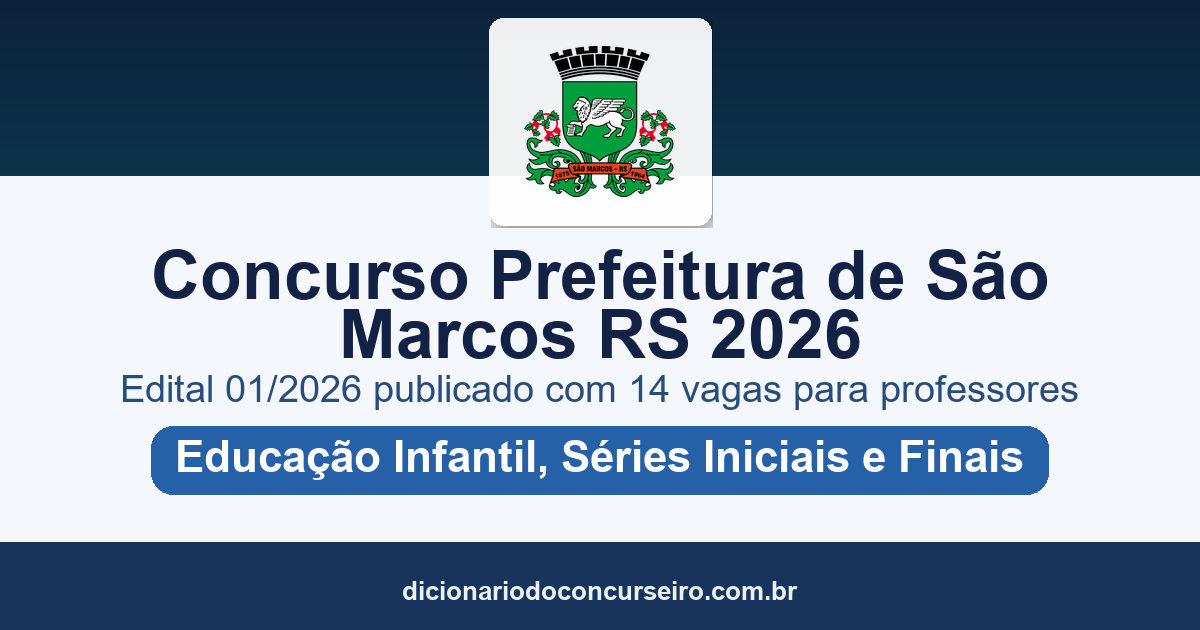 Concurso Prefeitura de São Marcos RS 2026: edital 01/2026 publicado com 14 vagas para professores