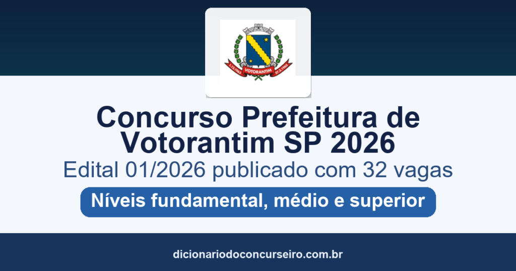 Concurso Prefeitura de Votorantim SP 2026: edital 01/2026 publicado com 32 vagas