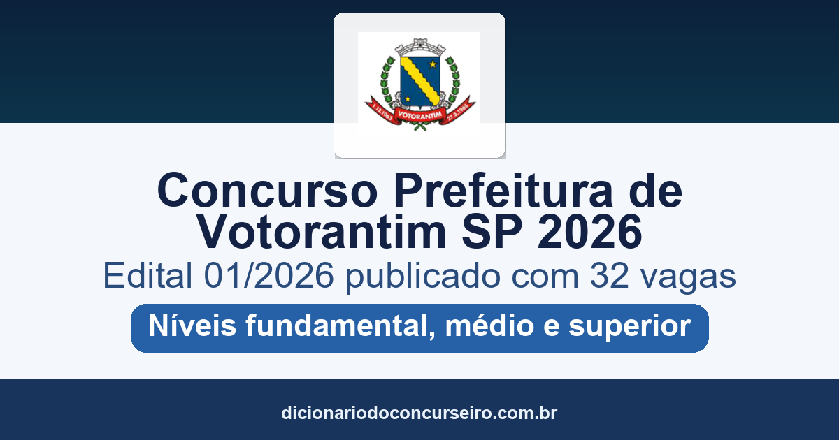 Concurso Prefeitura de Votorantim SP 2026: edital 01/2026 publicado com 32 vagas