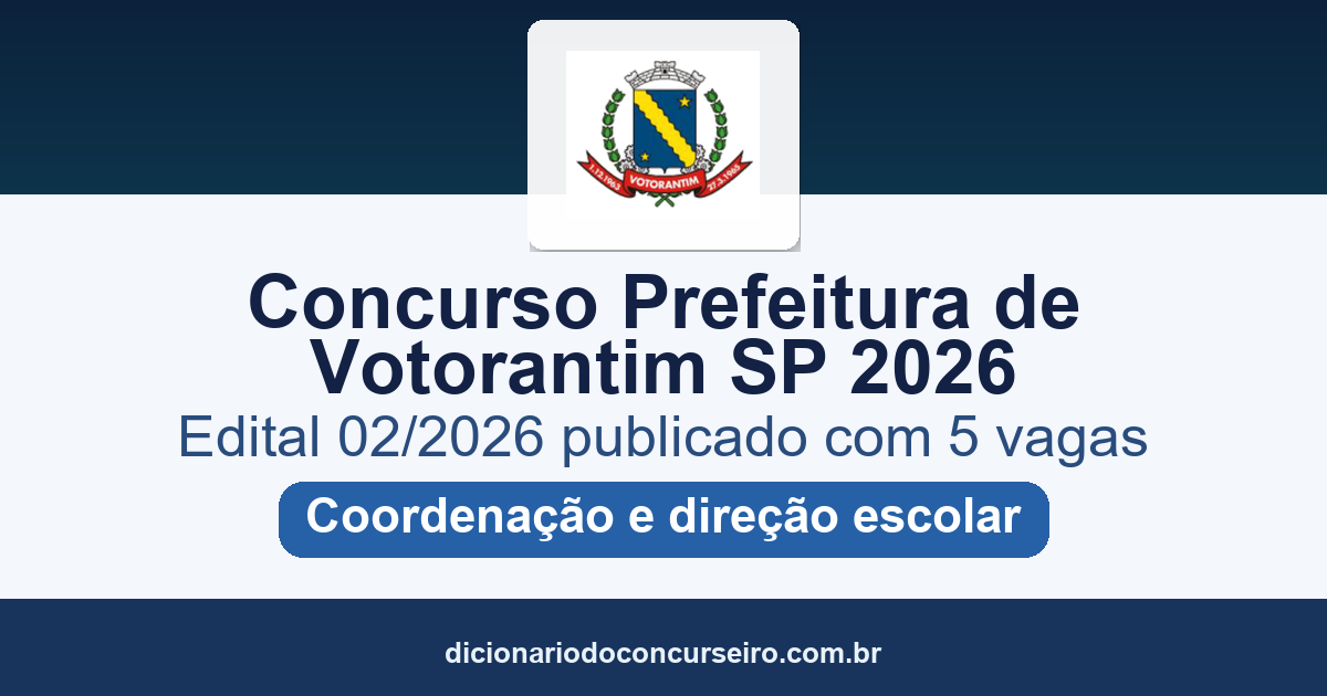 Concurso Prefeitura de Votorantim SP 2026: edital 02/2026 publicado com 5 vagas