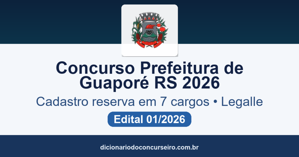 Concurso Prefeitura de Guaporé RS 2026: edital 01/2026 publicado com cadastro reserva em 7 cargos e salários de até R$ 3.404,76