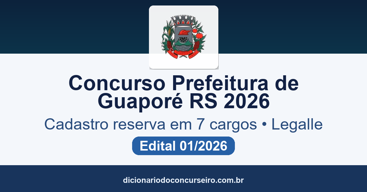 Concurso Prefeitura de Guaporé RS 2026: edital 01/2026 publicado com cadastro reserva em 7 cargos e salários de até R$ 3.404,76