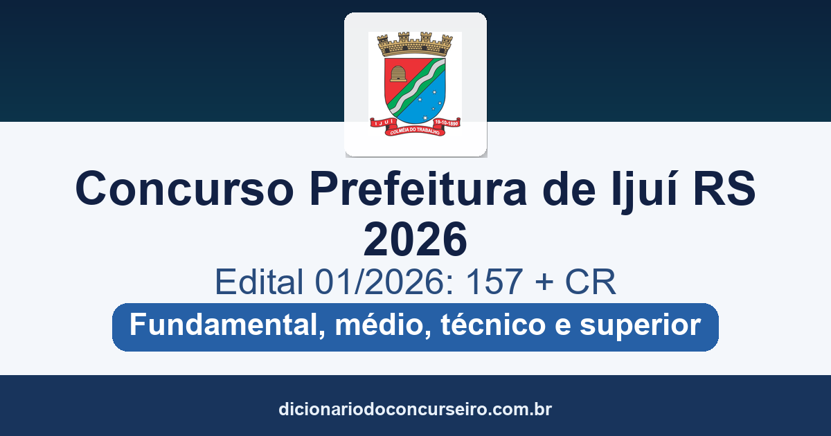 Concurso Prefeitura de Ijuí RS 2026: edital 01/2026 com 157 vagas e salários de até R$ 21.312,22