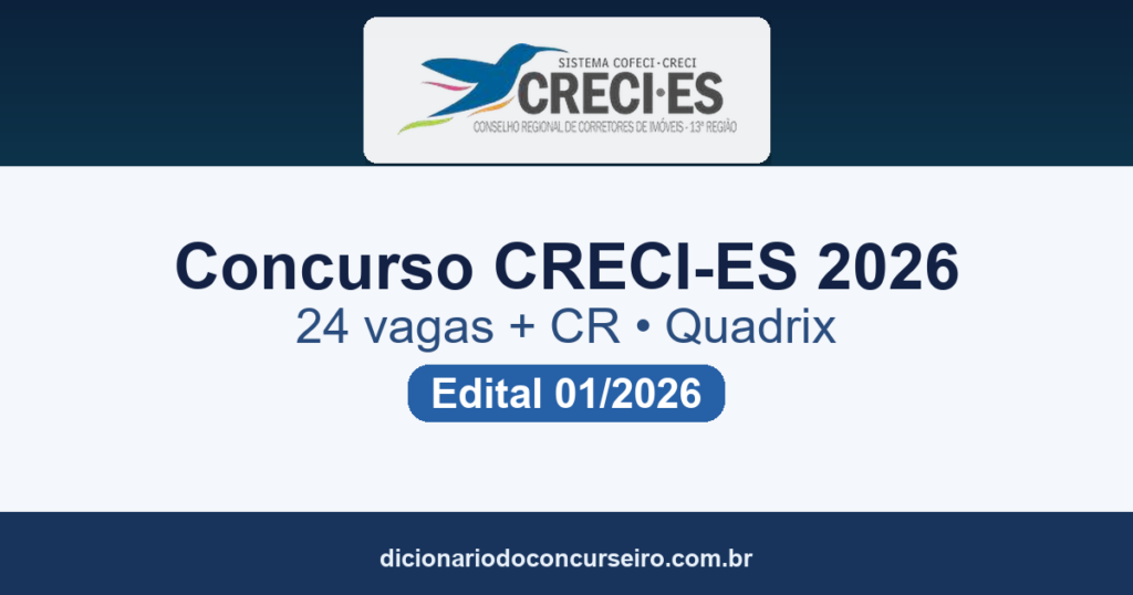 Concurso Público CRECI-ES 2026: edital 01/2026 abre 24 vagas e cadastro reserva