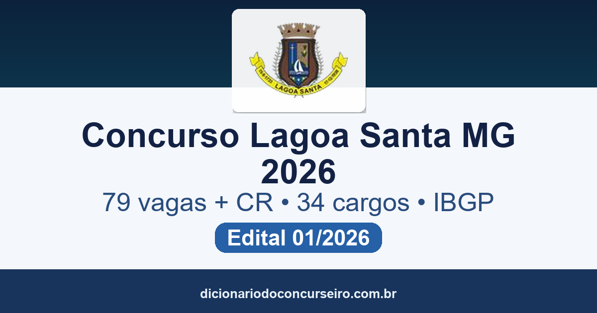 Concurso Público Lagoa Santa MG 2026: edital 01/2026 abre 79 vagas