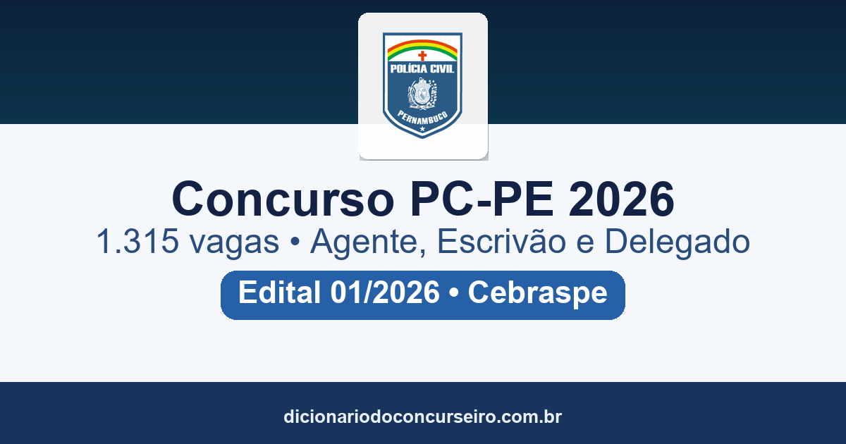 Concurso Público PC-PE 2026: edital 01/2026 abre 1.315 vagas para Agente, Escrivão e Delegado