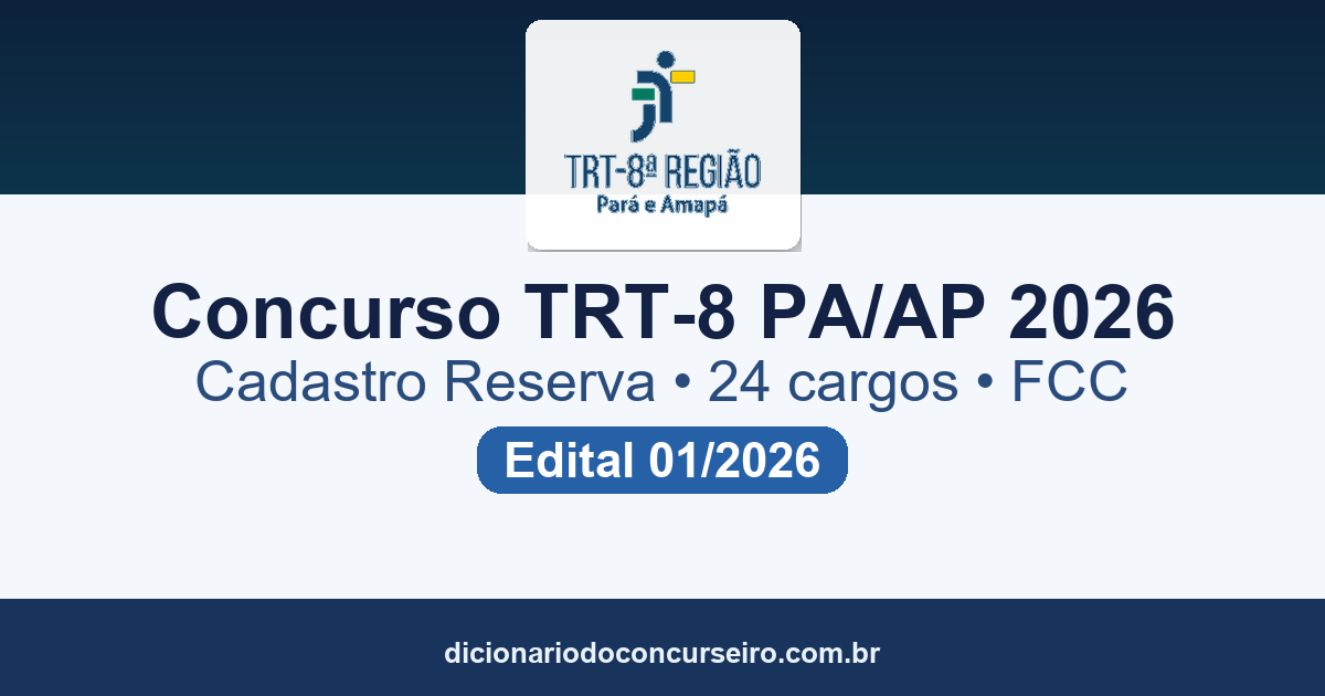 Concurso Público TRT-8 PA/AP 2026: edital 01/2026 abre cadastro reserva para Analista e Técnico