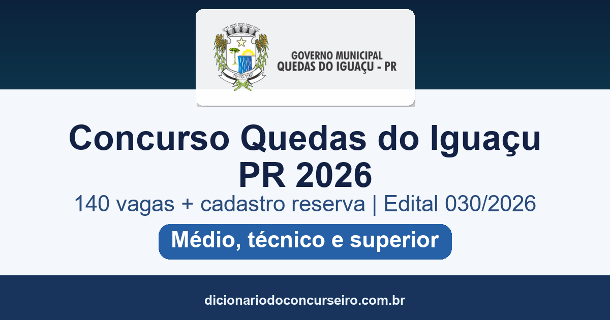 Concurso Quedas do Iguaçu PR 2026: 140 vagas e cadastro reserva, com salários até R$ 11.998,88