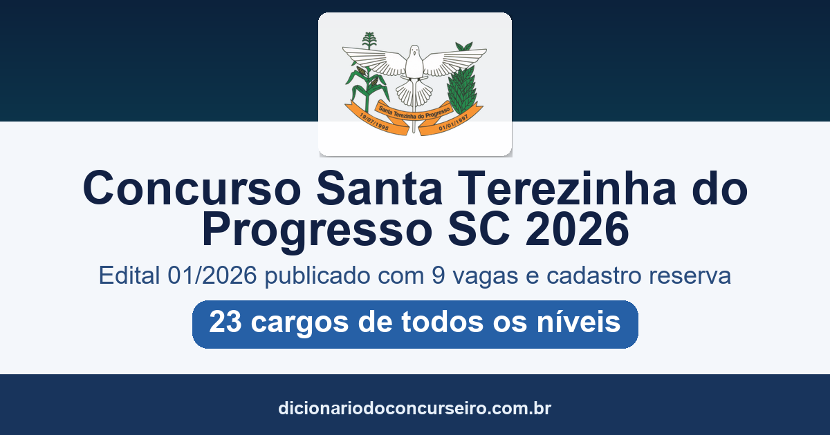 Concurso Santa Terezinha do Progresso SC 2026: edital 01/2026 publicado com 9 vagas e salário de até R$ 10.000,00