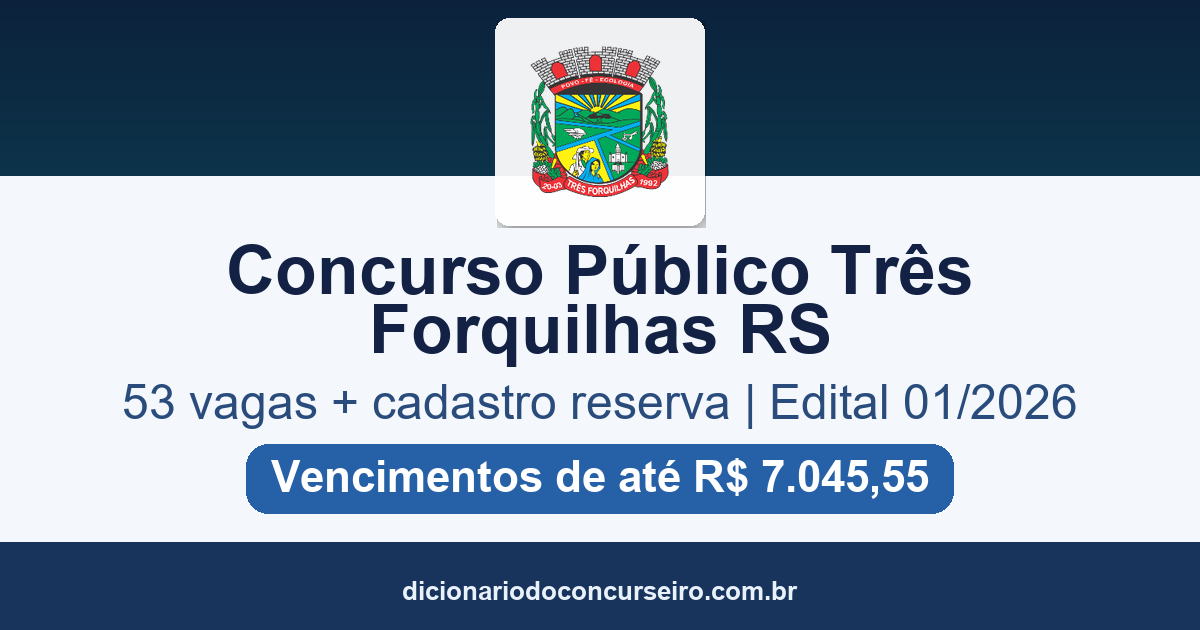Concurso Público Três Forquilhas RS 2026: edital 01/2026 com 53 vagas e cadastro reserva