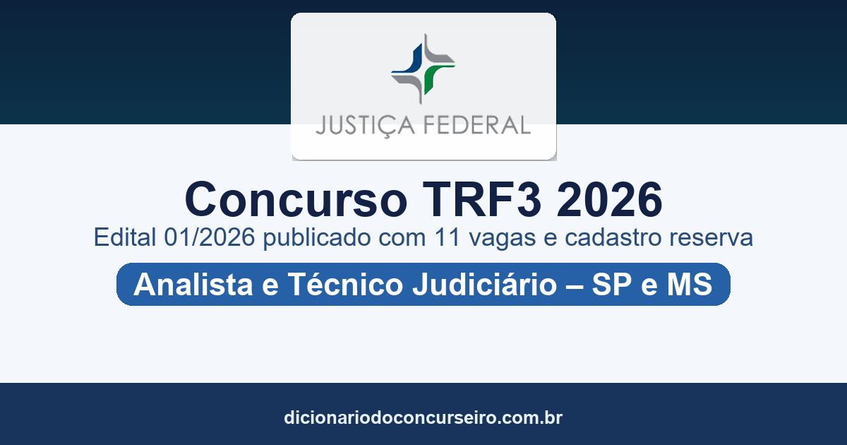 Concurso TRF3 2026: edital 01/2026 publicado com 11 vagas para Analista e Técnico Judiciário e salário de até R$ 20.013,11
