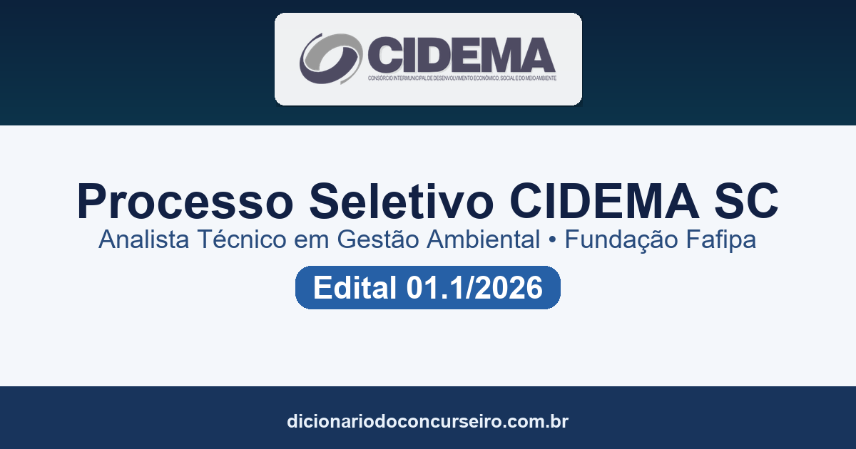 Processo Seletivo CIDEMA SC 2026: edital 01.1/2026 abre vaga para Analista Técnico em Gestão Ambiental com salário de R$ 6 mil