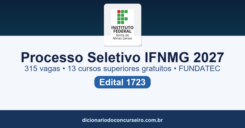 Processo Seletivo IFNMG 2027: edital 1723 publicado com 315 vagas em cursos superiores gratuitos