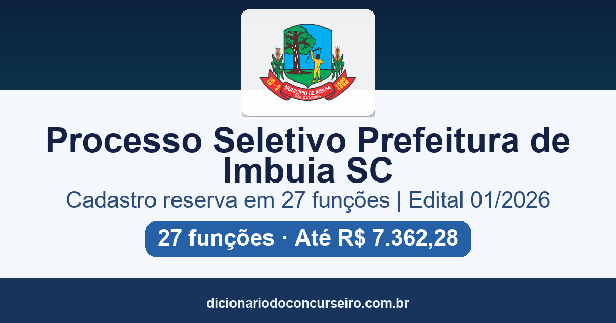 Processo Seletivo Prefeitura de Imbuia-SC 2026: edital 01/2026 publicado com 27 funções e cadastro reserva