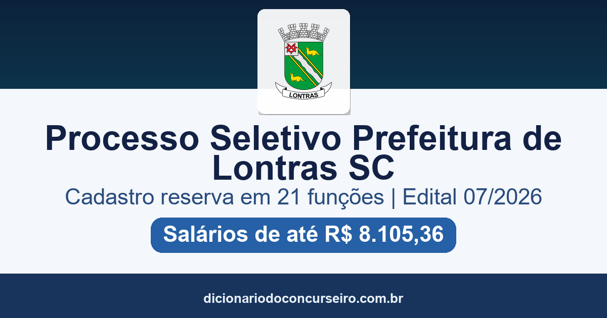Processo Seletivo Prefeitura de Lontras SC 2026: edital 07/2026 com cadastro reserva em 21 funções
