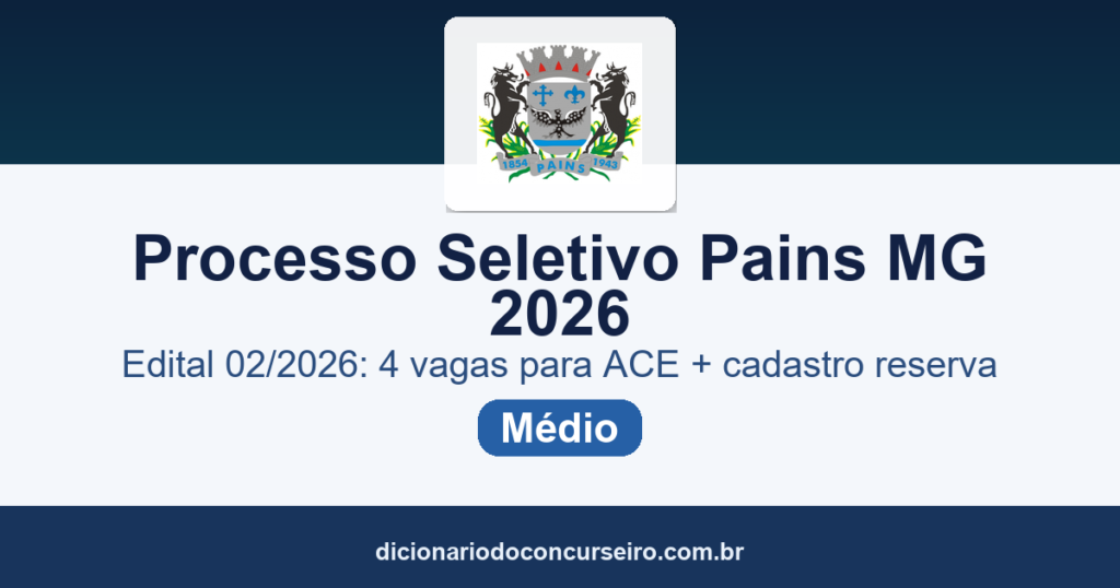 Processo Seletivo Pains MG 2026: edital 02/2026 com 4 vagas para Agente de Combate às Endemias