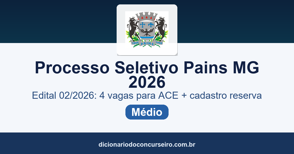 Processo Seletivo Pains MG 2026: edital 02/2026 com 4 vagas para Agente de Combate às Endemias