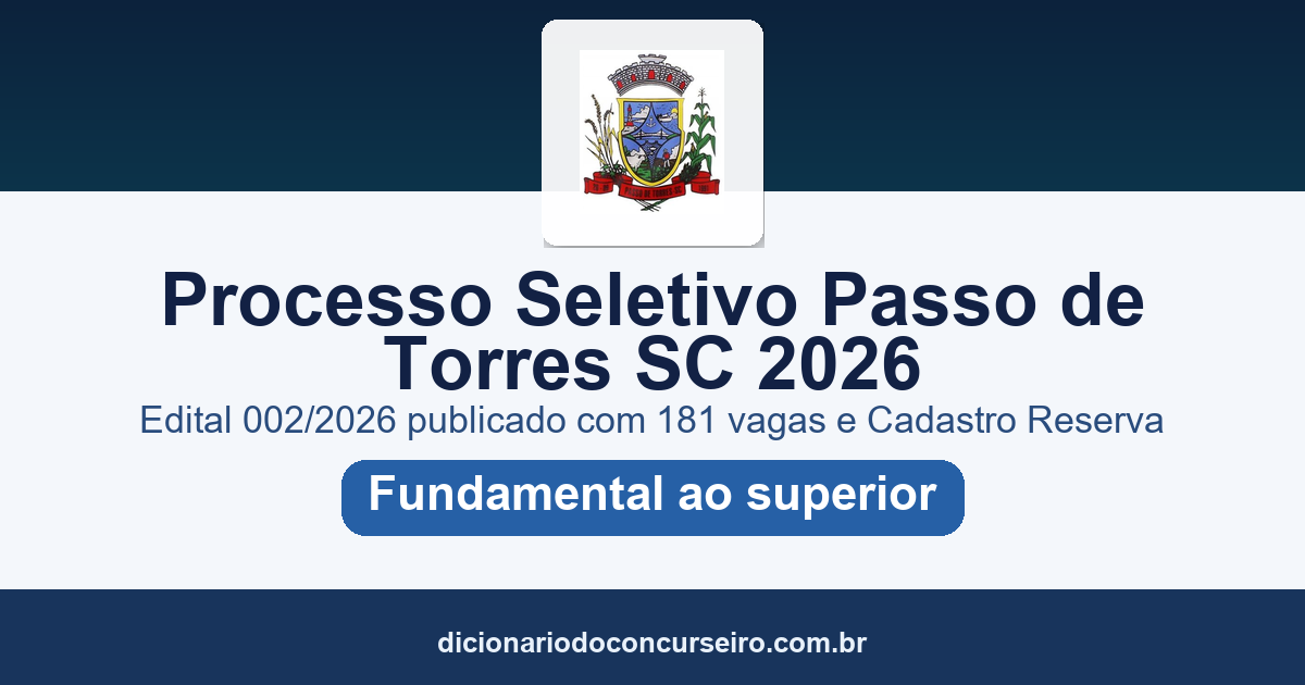 Processo Seletivo Passo de Torres SC 2026: edital 002/2026 publicado com 181 vagas e cadastro reserva