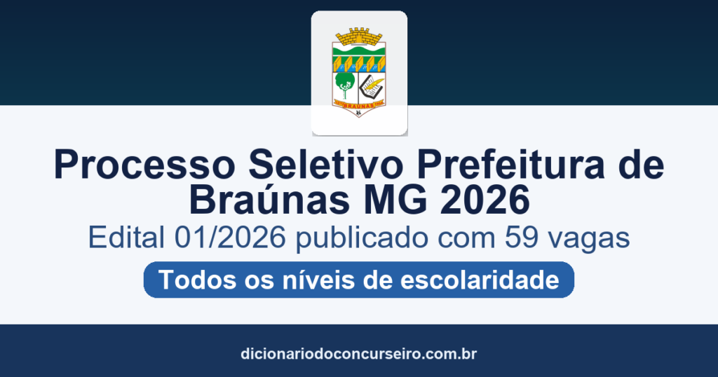Processo Seletivo Prefeitura de Braúnas MG 2026: edital 01/2026 publicado com 59 vagas e salários até R$ 22.090,10