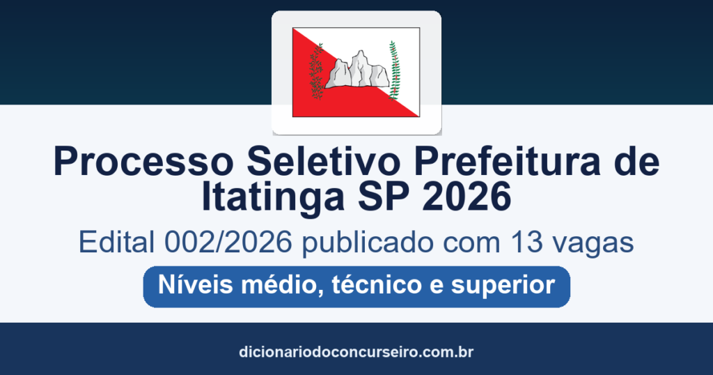 Processo Seletivo Prefeitura de Itatinga SP 2026: edital 002/2026 publicado com 13 vagas