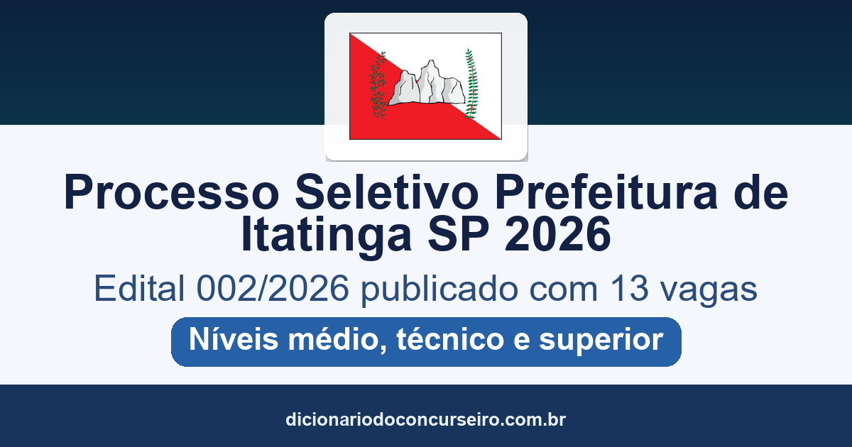 Processo Seletivo Prefeitura de Itatinga SP 2026: edital 002/2026 publicado com 13 vagas