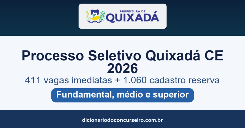 Processo Seletivo Quixadá CE 2026: 411 vagas imediatas e 1.060 em cadastro reserva