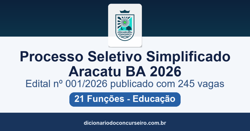 Processo Seletivo Simplificado Prefeitura de Aracatu BA 2026: edital nº 001/2026 publicado com 245 vagas