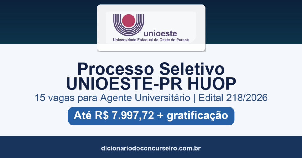 Processo Seletivo UNIOESTE-PR 2026: edital 218/2026 com 15 vagas para Agente Universitário no HUOP