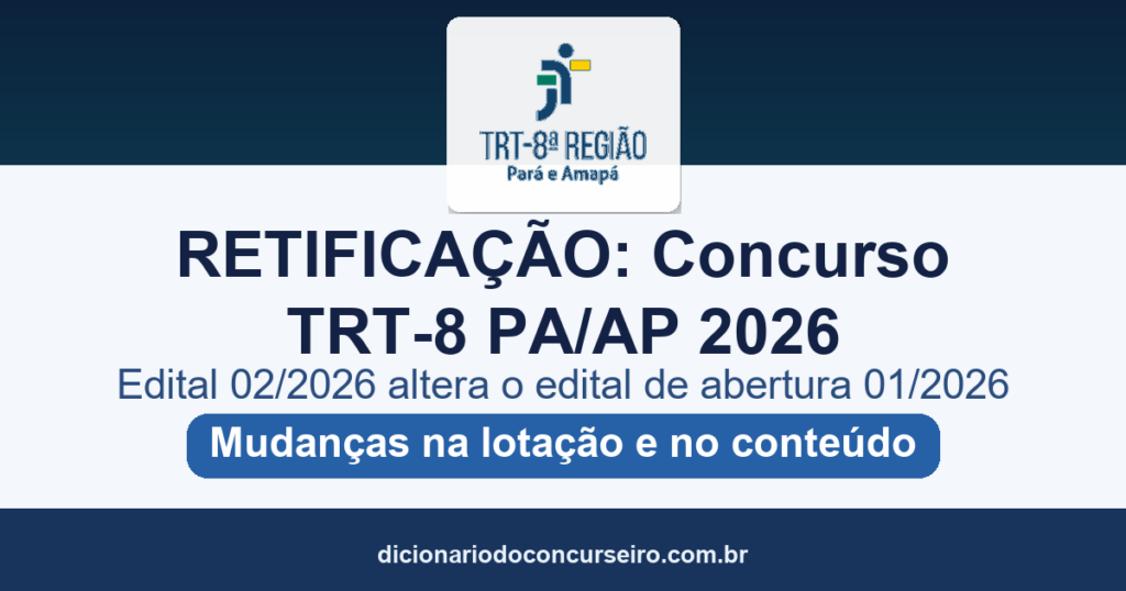 Retificação do concurso TRT-8 PA/AP 2026: edital 02/2026 altera lotação e conteúdo programático