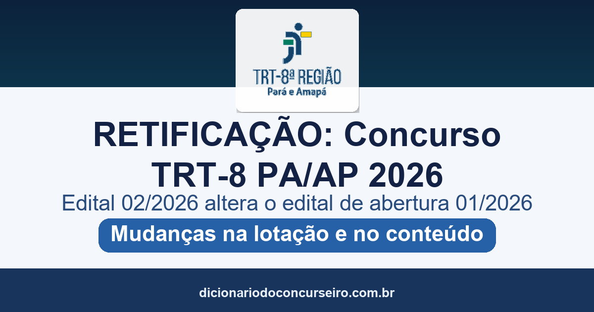 Retificação do concurso TRT-8 PA/AP 2026: edital 02/2026 altera lotação e conteúdo programático