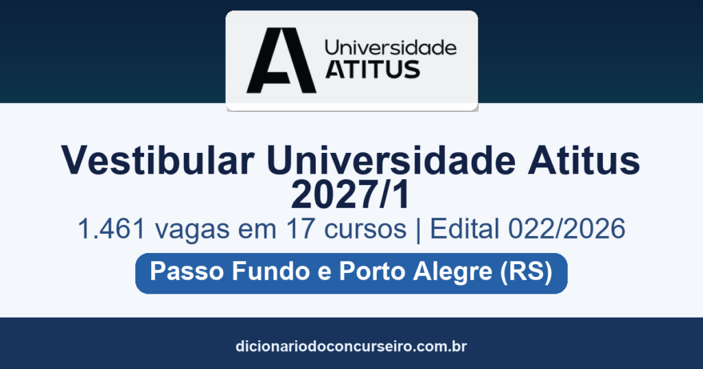 Vestibular Atitus 2027/1: edital 022/2026 com 1.461 vagas em Passo Fundo e Porto Alegre