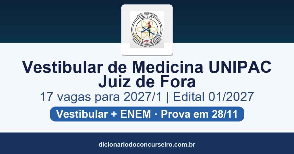 Vestibular de Medicina UNIPAC Juiz de Fora 2027/1: edital 01/2027 com 17 vagas