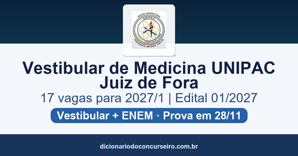 Vestibular de Medicina UNIPAC Juiz de Fora 2027/1: edital 01/2027 com 17 vagas